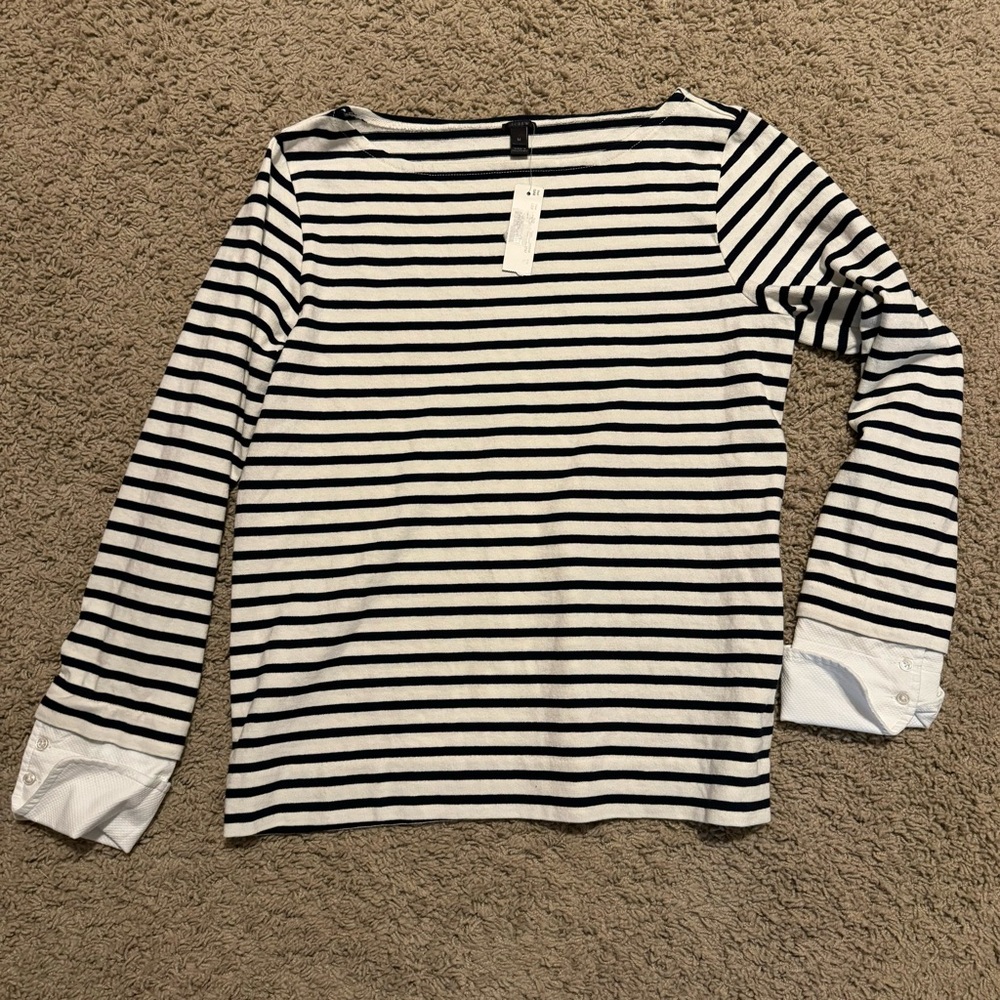 NWT J. Crew navy/ivory striped top with layered white French cuff detail, sz M